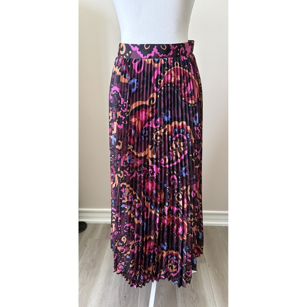 Ann Taylor Pleated Midi Skirt Size 12 Paisley Pink‎ Blue Burgundy Floral